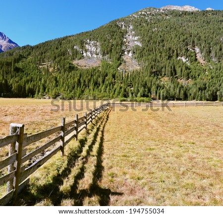 Scenic farm fields blocked bythe wooden fence. Shadow of the low fence beautifully lie on the grass. Alpine Valley in Austria. National Park Krimml