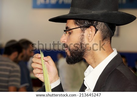 BNEY-BRAK, ISRAEL - SEPTEMBER 17, 2013: The young man in black hat with brim and thin glasses carefully considering the branch of myrtle. The traditional holiday bazaar before Sukkot
