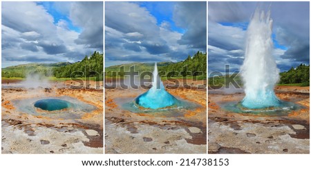 Three phases of the eruption of the geyser Strokkur in Iceland. A pillar of hot water and steam to power vyravaetsya of land. Collage - a card