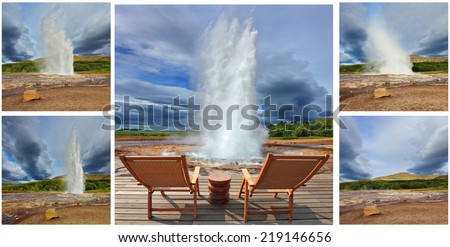 Collage. The pillar of hot water and steam from forcing its way out of the ground. Phases of the eruption of the geyser Strokkur in Iceland. Two lounge chairs and  small table on wooden platform