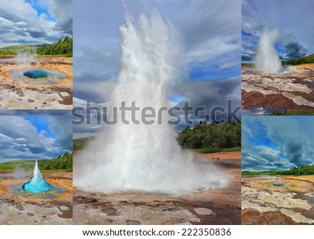 Collage showing different phases of the action of the geyser. Gushing geyser Strokkur. Boiling azure water fumaroles replaced by fountain of hot water and steam