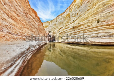 Unique canyon in Israel - En Avdat. Striped sandstone walls and cold stream. In the water reflected the canyon walls and sky
