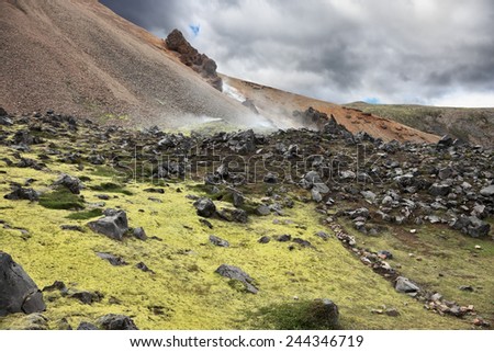 Iceland in July. Rhyolitic mountains smoke underground heat. In hollows last year's snow lie