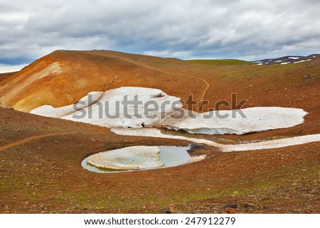 July in Iceland. Smoldering underground heat hillsides. In the hollows are last year\'s snow fields