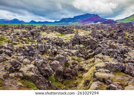 Cloud Iceland in the summer. Lava fields in the central part of the island