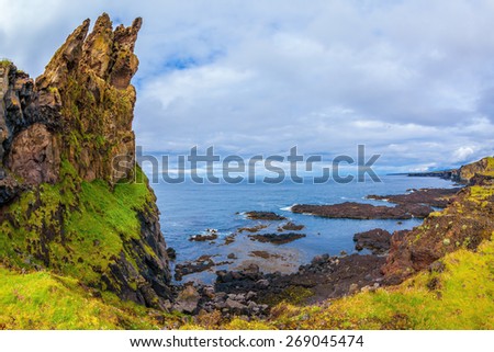 Picturesque rocks covered with moss green and yellow. Gorgeous Iceland. Northern Atlantic coast