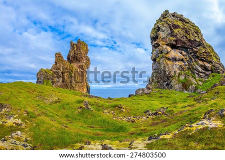 The picturesque ancient rocks covered with a green and yellow moss. Magnificent Iceland. Northern sea coast