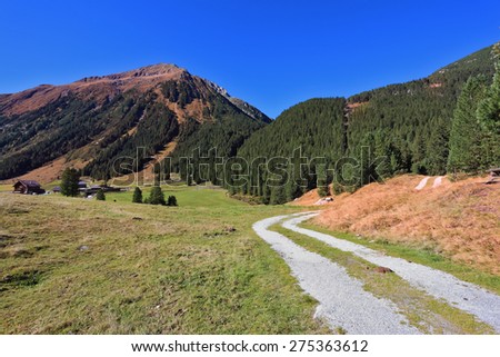Sunny autumn day. Valley in the mountains of Austria. The dirt path winds between yellowed fields