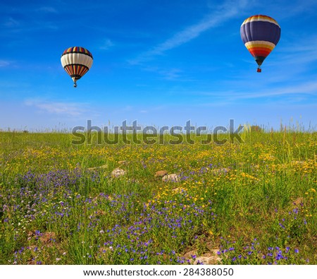Flowering Golan Heights on a sunny day. In a clear sky flying two huge and beautiful balloons