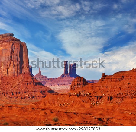Magic view of the red desert. The unique red sandstone buttes \