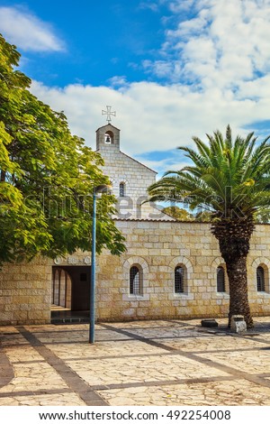 Small cozy church yard on the Sea of Galilee, Israel