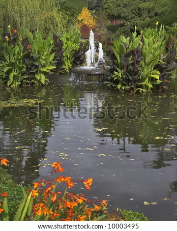 An autumn pond with the small fountain, fallen asleep by yellow leaves