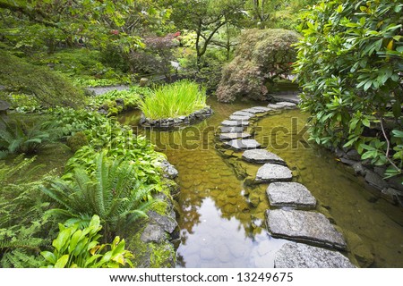 A footpath from stones laid with brick through a fine pond in Japanese garden, during a rain