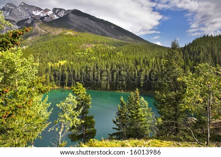 Fine emerald lake in mountain woods of reserve