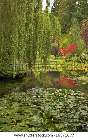 Lake and trees in well-known gardens Butchart Gardens on island