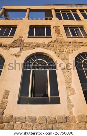 Glasses of windows of an ancient building sparkling on a sunset and a black dog sitting in a window