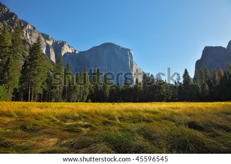 Grandiose landscape in a valley world-wide well-known Yosemite park. Sunrise, autumn