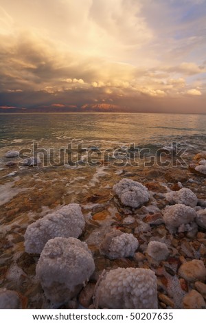 Spring thunder-storm, thunder and lightnings on the Dead Sea in Israel