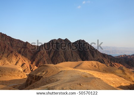Winter morning in desert Sinai and Red sea in the distance