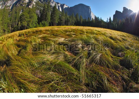 Grandiose landscape in a valley of world-wide well-known  Yosemite  park. Sunrise, autumn