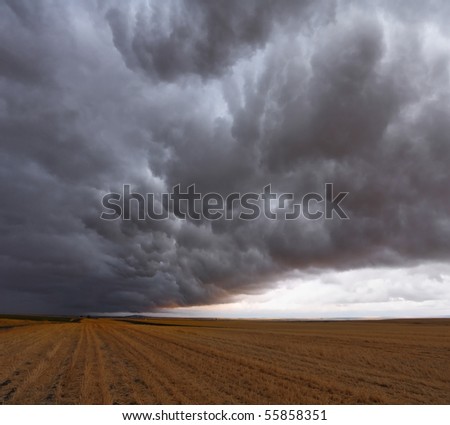 A huge and terrible storm cloud over the fields after harvest