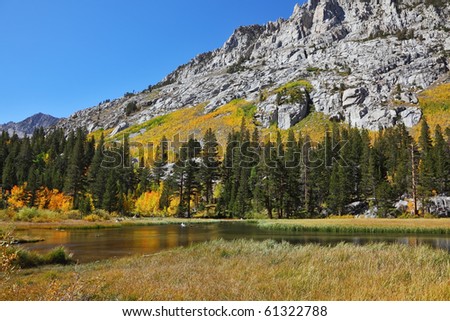 Yellow, green and orange colors of autumn. Lake in the mountains with grassy banks
