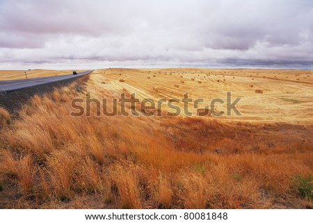 Big highway among autumn fields after harvesting. The cloudy sky and the big stacks of wheat