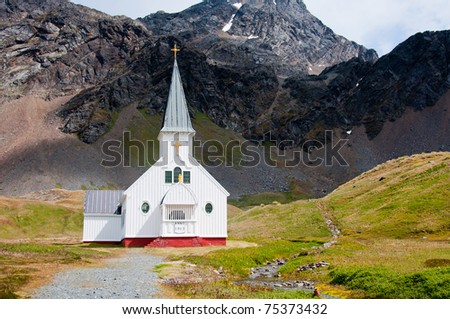 The Whaler\'s Church on South Georgia Island overlooks the final resting place of famous explorer Ernest Shackleton.