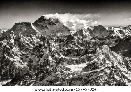 Vintage monochrome view of Mt Everest during mountain flight, Himalayas, Nepal