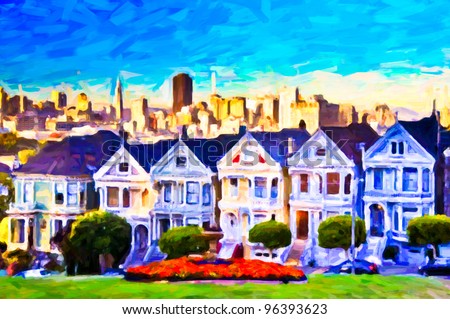 Victorian houses at Alamo square, painting art