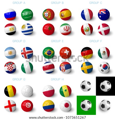 Russia 2018 groups ,  group A, B, C, D, E, F, G and H. Soccer balls with 32 country flags isolated on white background.