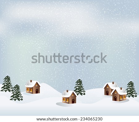Winter Landscape  with house, snow landscape and Christmas trees. Vector