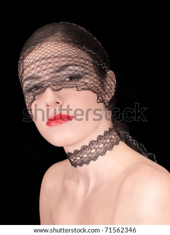 vintage lace mask girl, retro style, black lace necklace, woman in choker, isolated on black