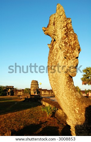 The image of naga head at Angkor Wat taken at the early morning