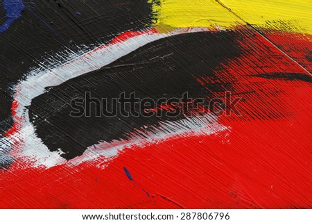 Small part of painted metal wall with  black,red yellow and white paint  - Colourful abstract background-Close up 6
