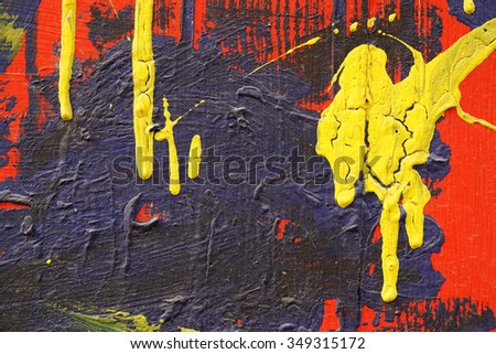 Yellow,black, blue and red   acrylic paint  on a dusty old metal fence - Textured abstract multicolor  background - Close up 2
