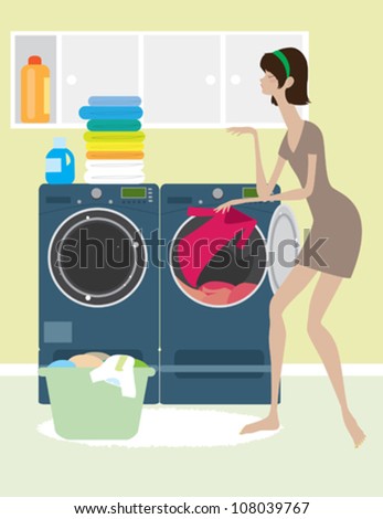 Kitchen Design  Washing Machine on Woman Putting Laundry In Washing Machine Stock Vector 108039767