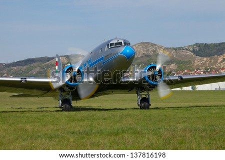 BUDAORS, HUNGARY - APRIL 21: Li-2 Aircraft ready to take off, April 21th 2013. This plane was made in 1949 and it\'s the only airworthy Li-2 in the world.