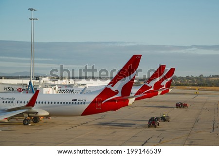 Melbourne - MARCH 15: Aircrafts of the Qantas fleet at Melbourne Airport March 15th, 2014. Qantas is Australia's largest airline.