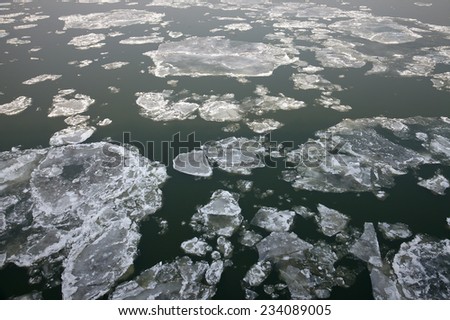 Ice sheets floating on the river
