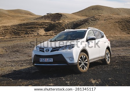 VIK, ICELAND - MAY 08, 2015. Toyota RAV4 four wheel drive SUV being used on Iceland\'s unpaved roads and terrain.