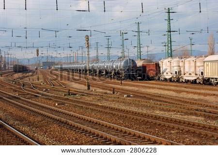 Complex railway track system with freight trains