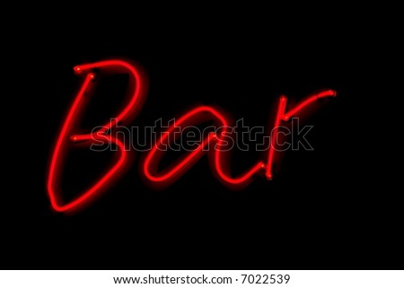 Bar, red neon sign on black night background