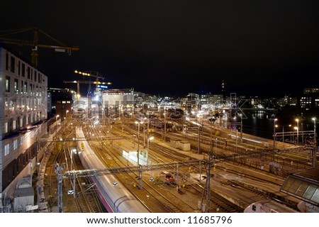 Urban railway station at night. (Stockholm, Sweden)