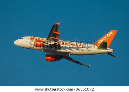 BUDAPEST, HUNGARY - APRIL 11: Easy Jet flight takes off at Budapest Liszt Ferenc International Airport on April 11, 2011 in Budapest, Hungary. Easyjet is a British airline operating about 500 routes mainly in Europe.