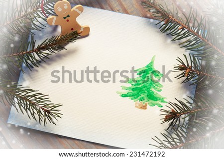 Christmas card with watercolor drawing and copy space