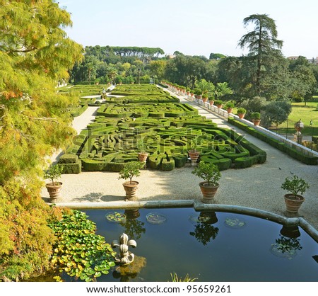 italian garden in villa pamphili park at rome in italy