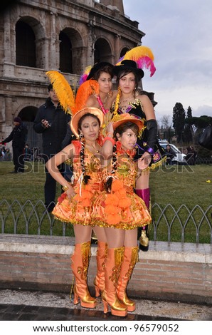 ROME , ITALY - FEBRUARY 19 :  unidentified female  dancers posing during the Carnival of Rome on  February 19 , 2012 in Rome , Italy