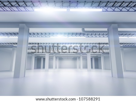 A clean industrial warehouse with lighting.