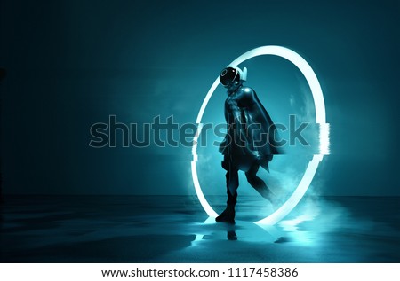 Exiting The Void. A futuristic Space astronaut exiting a glowing loop through time. Conceptual 3D Illustration.